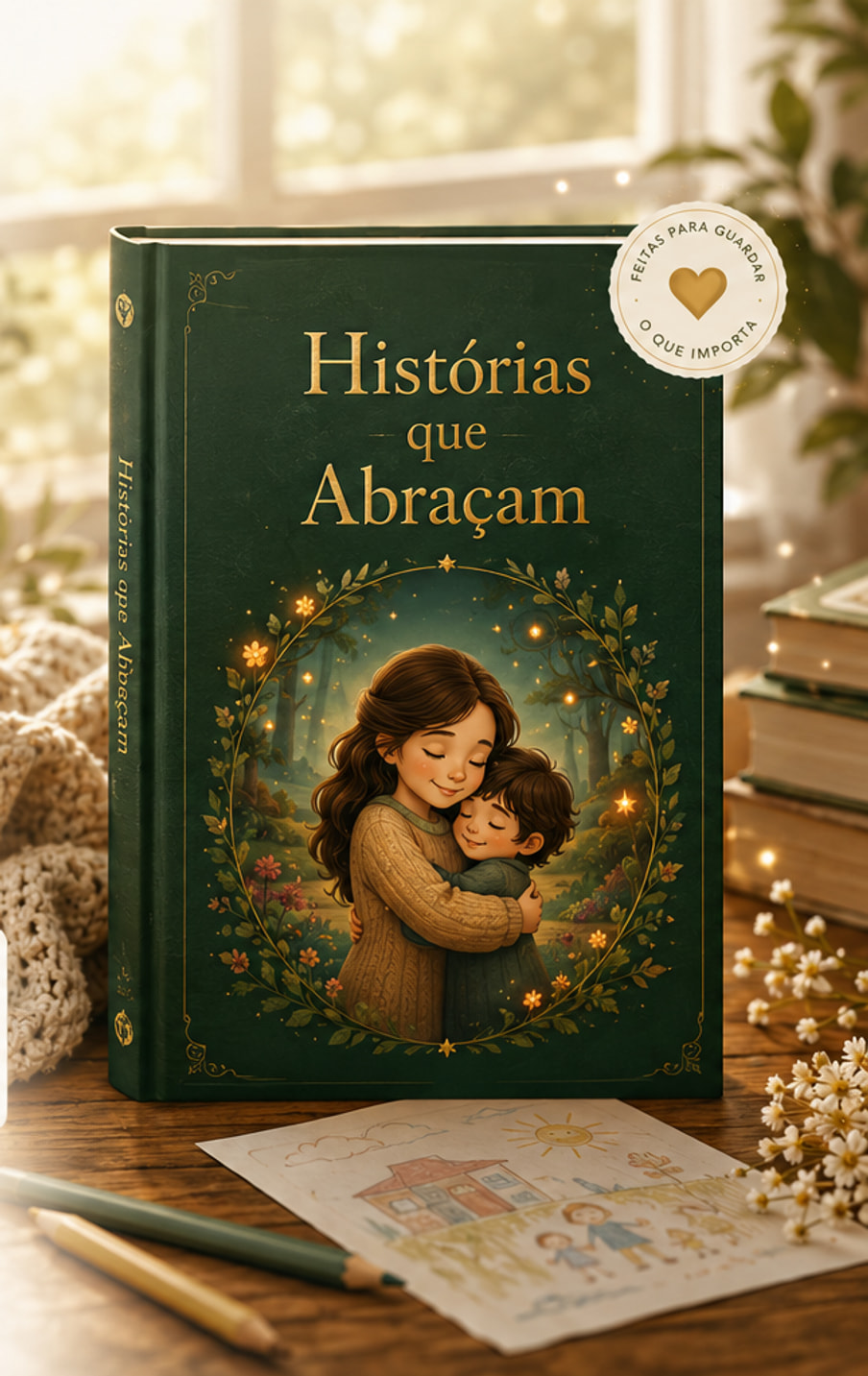 Livro de capa verde escuro intitulado “Histórias que Abraçam” apoiado sobre uma manta, com a ilustração de uma mãe abraçando o filho.