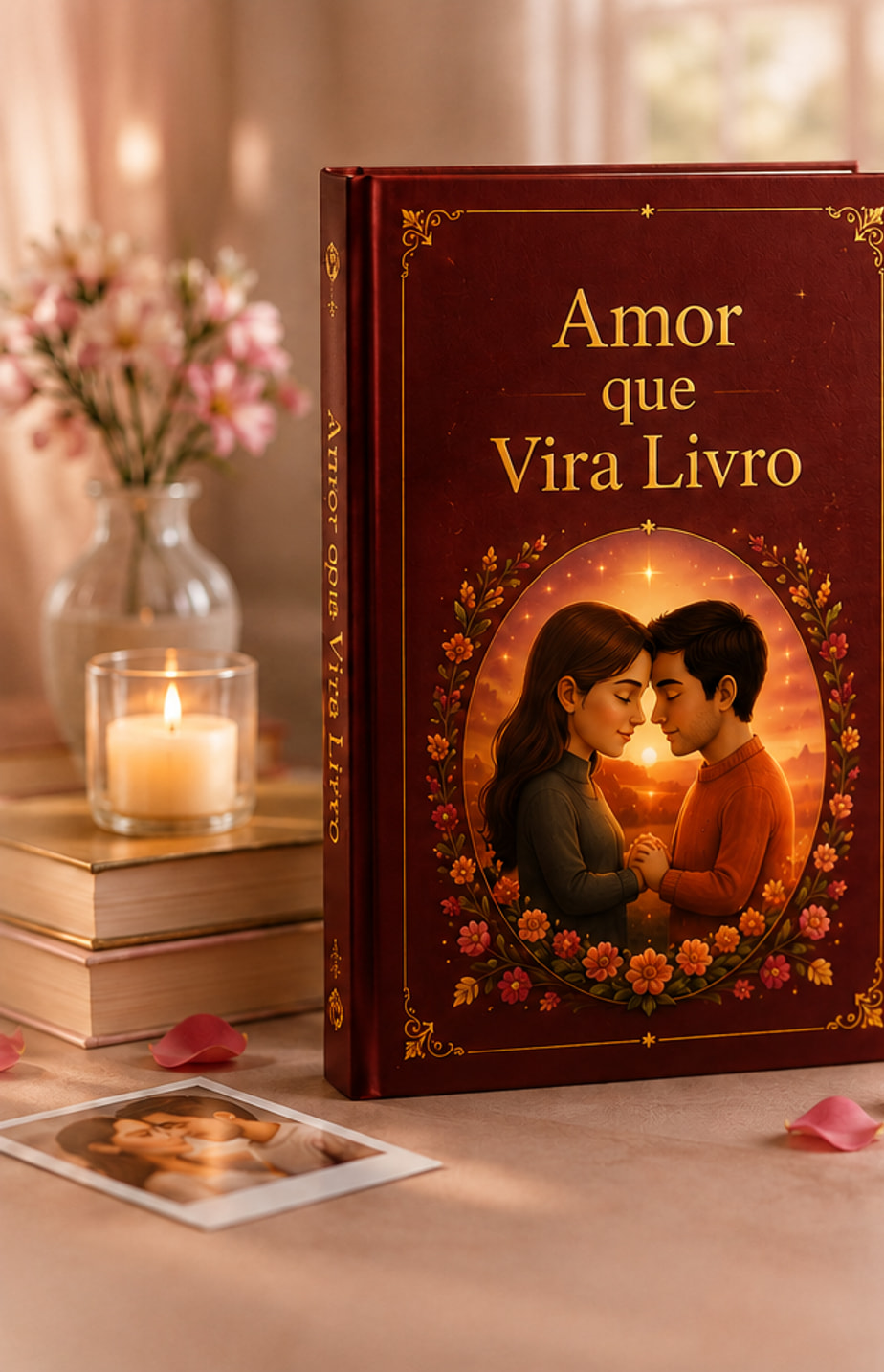 Livro de capa vinho intitulado “Amor que Vira Livro” apoiado sobre livros, ao lado de uma vela acesa e flores.