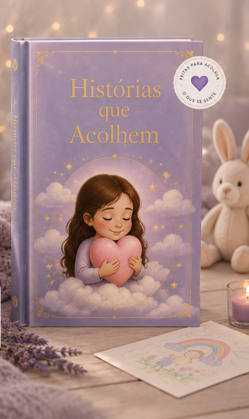 Livro de capa lilás intitulado “Histórias que Acolhem” sobre uma manta, ao lado de um coelho de pelúcia e lavandas.