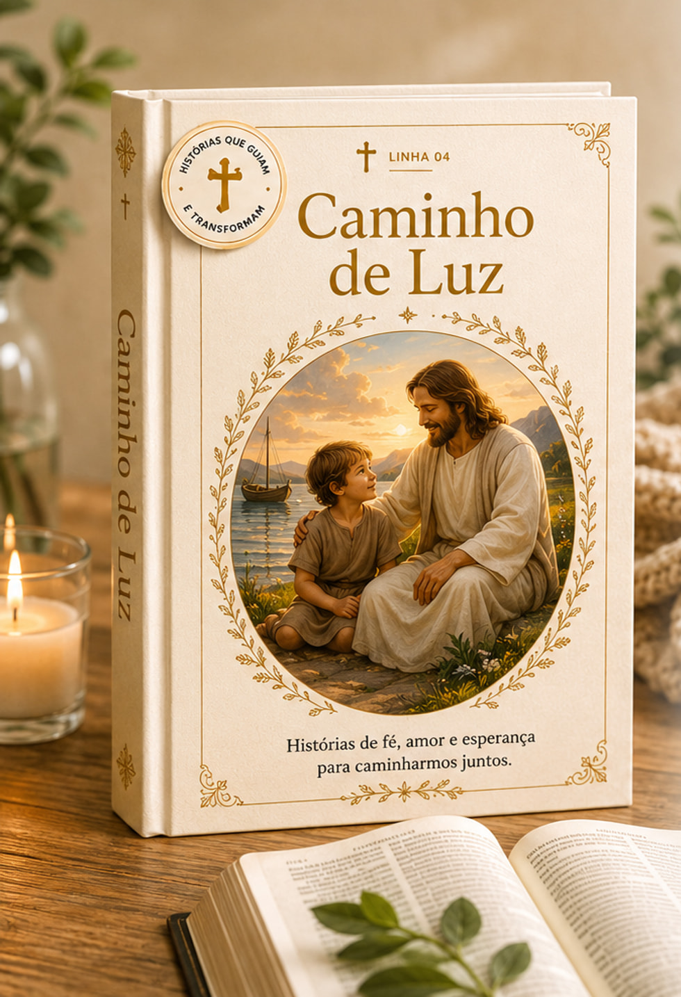 Livro de capa clara intitulado “Caminho de Luz” sobre uma mesa de madeira, ao lado de uma Bíblia aberta, uma cruz e uma vela.