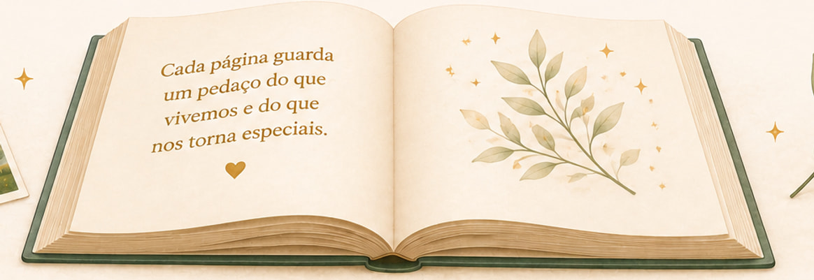 Livro aberto com a frase: Cada página guarda um pedaço do que vivemos e do que nos torna especiais.