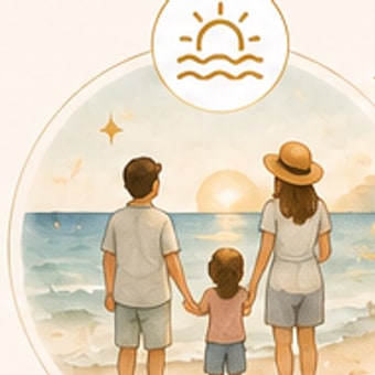 Família de mãos dadas olhando o mar ao pôr do sol.
