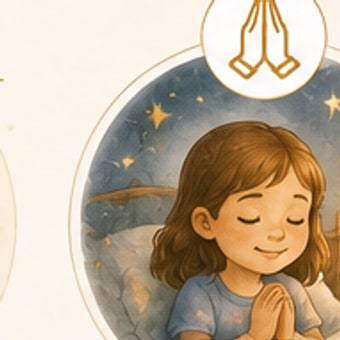 Menina de mãos unidas rezando à noite.