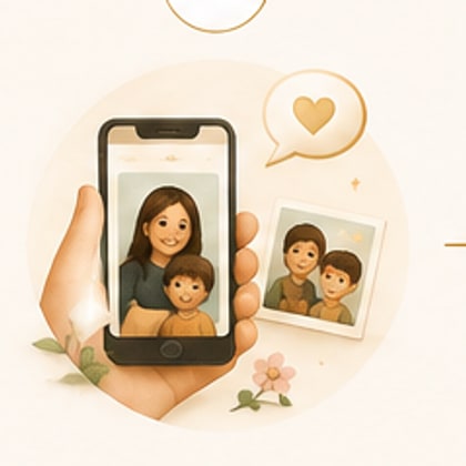 Mão segurando um celular que mostra a foto de uma família, ao lado de fotos impressas.