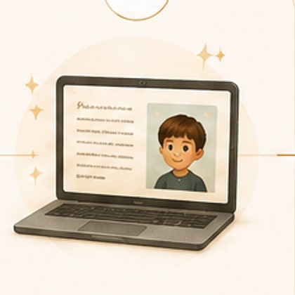 Notebook exibindo o texto da história ao lado do personagem ilustrado do menino.