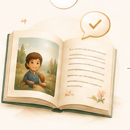 Livro aberto com a ilustração do menino à esquerda e o texto à direita, com um selo de aprovação.