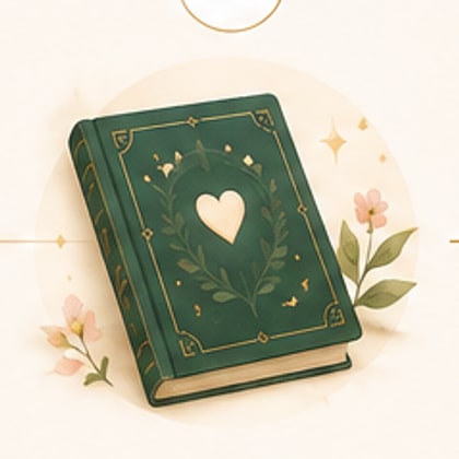 Livro impresso de capa verde com um coração dourado, cercado de flores.