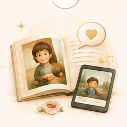 Livro aberto ao lado de um tablet mostrando a mesma história, com uma caneca de café.