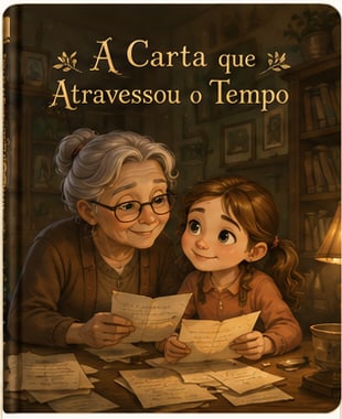 Capa ilustrada: uma avó e a neta lendo cartas antigas à luz de uma lâmpada.
