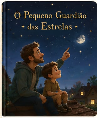 Capa ilustrada: pai e filho sentados no telhado apontando para a lua e as estrelas.