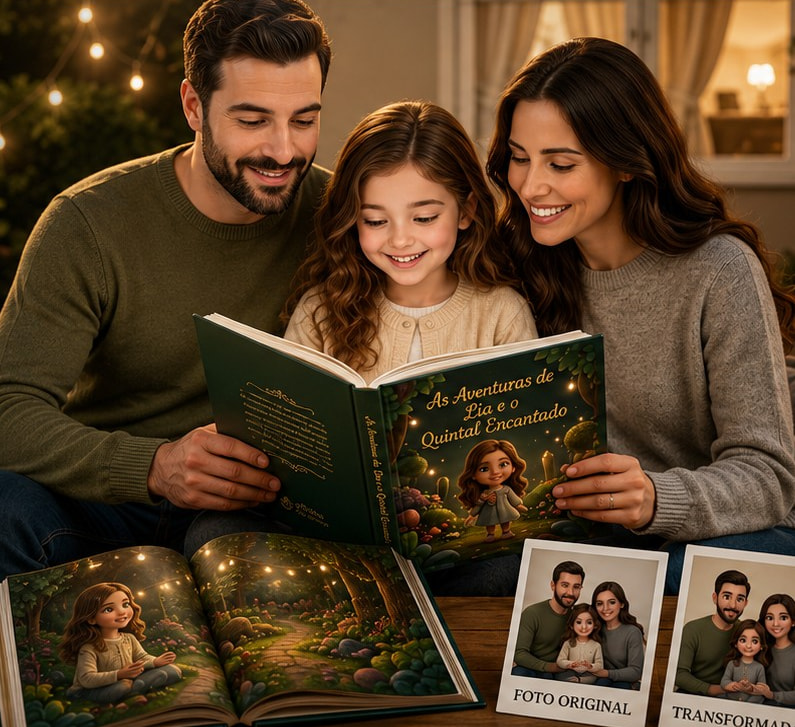 Pai, mãe e filha lendo juntos um livro personalizado no sofá, sob luzinhas acesas.