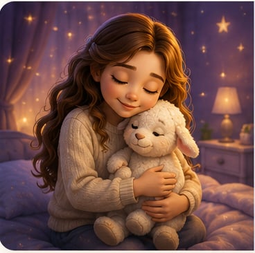 Menina abraçando um bichinho de pelúcia na cama, em um quarto iluminado por luz suave.