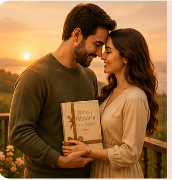 Casal abraçado ao pôr do sol segurando um livro personalizado chamado “Nossa História”.