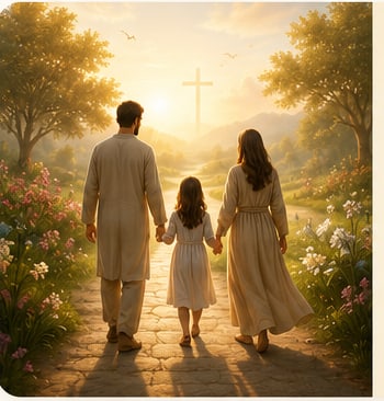 Família de mãos dadas caminhando por um jardim florido em direção a uma cruz ao amanhecer.