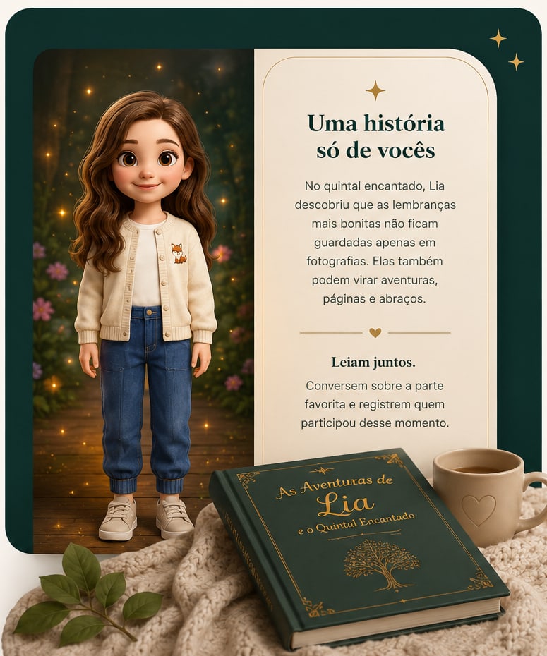 Composição do produto: o personagem ilustrado da menina ao lado de uma página com o trecho “Uma história só de vocês” e um convite para ler juntos, com o livro impresso de capa verde e dourada apoiado sobre uma manta.