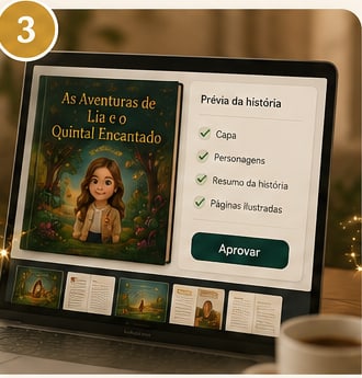 Passo 3: tela de computador mostrando a prévia da história, com a capa e uma lista de itens aprovados.