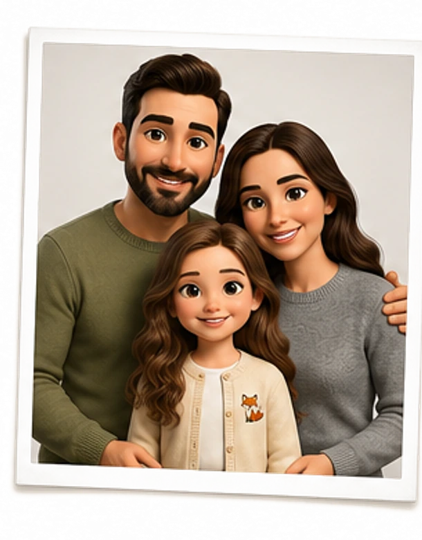 A mesma foto da família, agora ilustrada como personagens de livro infantil.