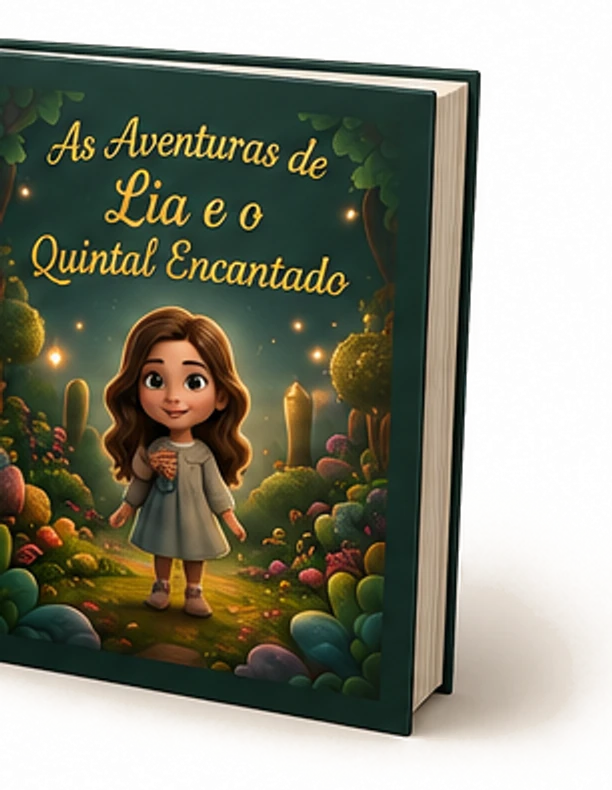 Livro impresso com capa verde e dourada intitulado “As Aventuras de Lia e o Quintal Encantado”.