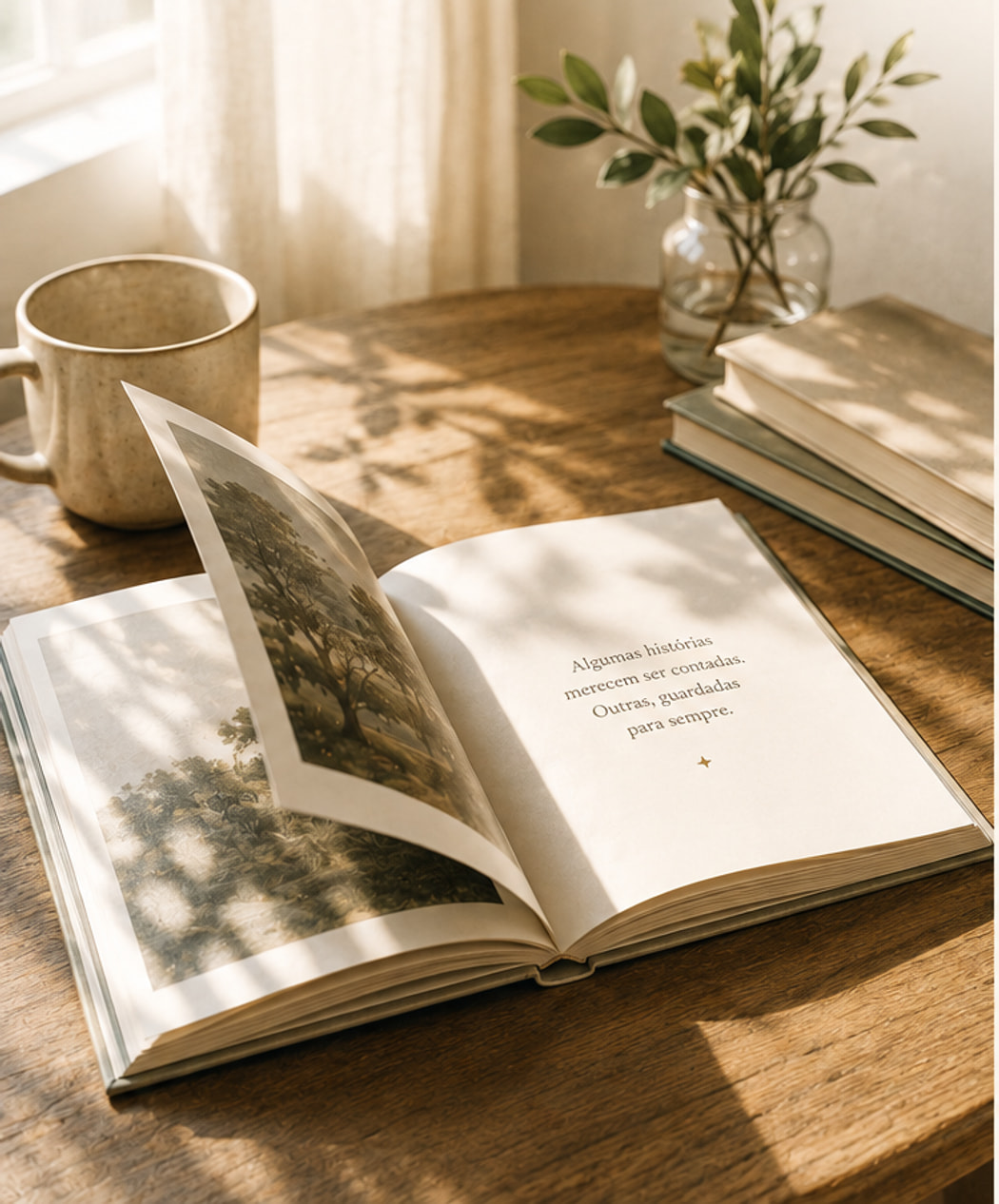Livro aberto sobre uma mesa de madeira ao lado de uma caneca e um vaso com folhas, iluminado pela luz da janela.